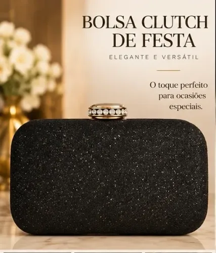 Bolsa de festa preta com leve brilho e 2 alças. Fecho estilizado 