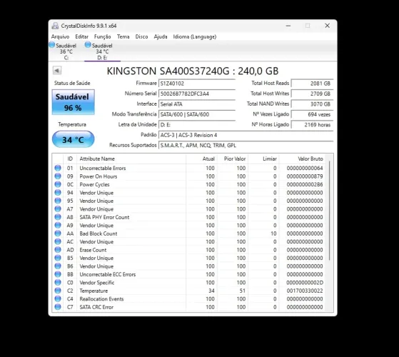 Ssd sata 240gb kingston funcionando 100%