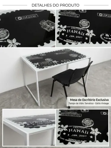Mesa de Escritório/Estudo - Tampo de Vidro e Estrutura de Ferro