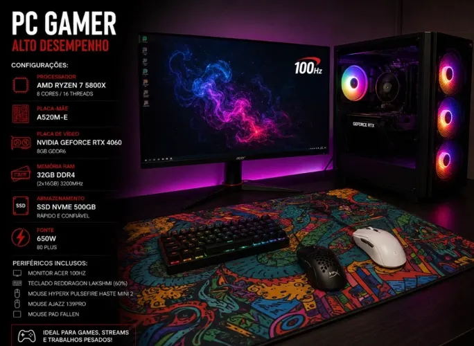 PC GAMER RTX 4060 + RYZEN 7 5800X + 32GB RAM + MONITOR 100Hz + PERIFÉRICOS