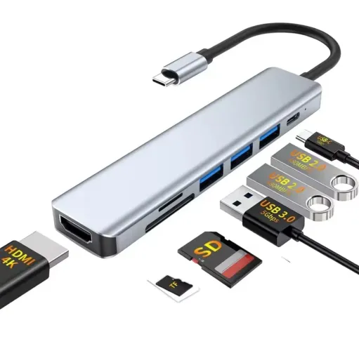 Adaptador Hub 7 em 1 USB-C, leitor de cartão, HDMI, PD, USB-A