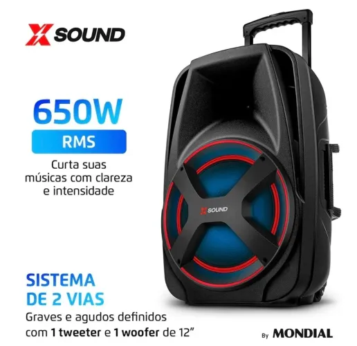 Caixa de Som Amplificada Mondial XSound 650W Bluetooth Color Lights Bateria até 9h