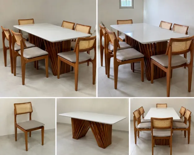 Mesa laqueada + 6 cadeiras em madeira e tela