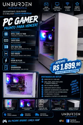 PC Gamer TOP i5 7400 16gb GTX 1650 4gb SSD 480gb