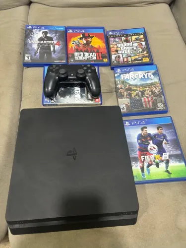 PlayStation 4 Slim + 1 Controle Original + 6 Jogos
