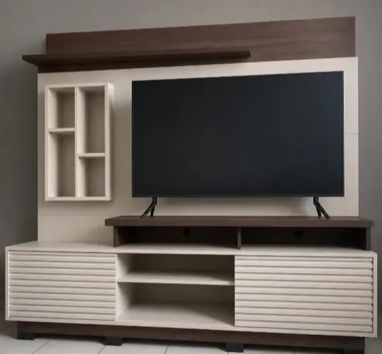 Estante TV 200cm: portas ripadas e LED integrado para destacar a decoração.