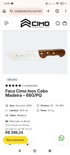 Modelo: Faca Cimo Inox Cabo Madeira - 660/PQ.