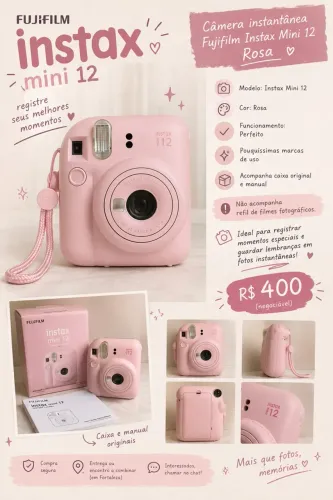 Câmera Fujifilm Instax Mini 12 Rosa + Caixa e Manual Original