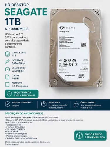 HD Seagate 1TB SATA 3.5" Desktop ST1000DM003 - Testado e Funcionando