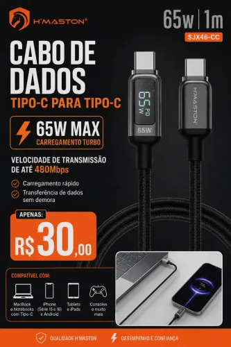CABO LCD TIPO-C PARA TIPO-C 65W DADOS DE 480Mbps