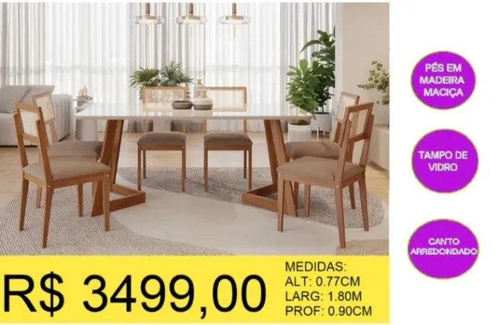 CONJUNTO DE MESA TAMPO DE VIDRO MADEIRA MACIÇA