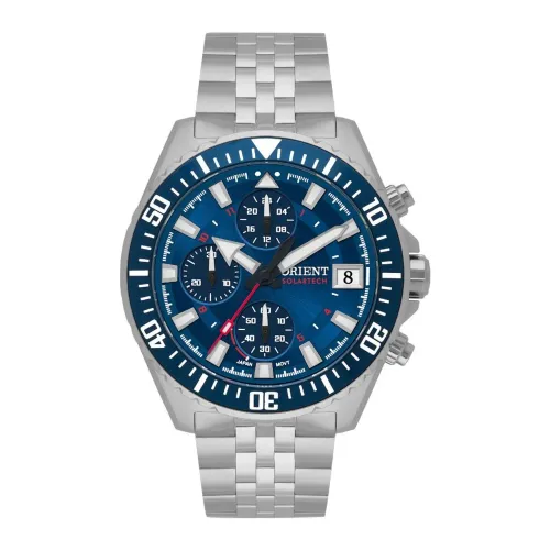 Relogio Orient Solartech Cronografo Mostrador Azul Pulseira Aco