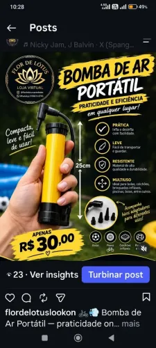 Mini bomba de ar pra pneu de bicicleta, colchão inflável entre outros 