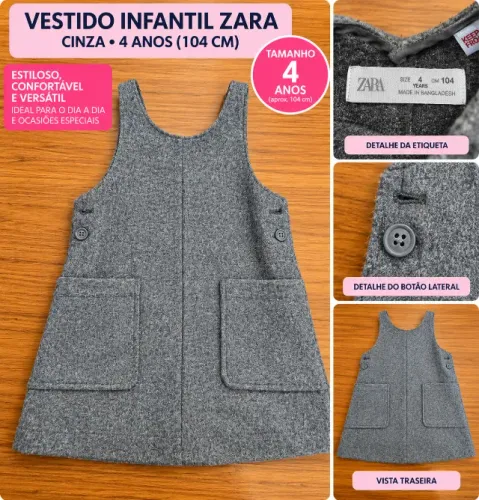 Vestido Jardineira Infantil Zara Cinza - 4 Anos