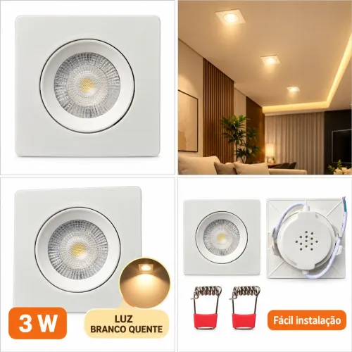 Spot de Led 3w Slim Quadrado Branco Quente 3000k Bivolt
