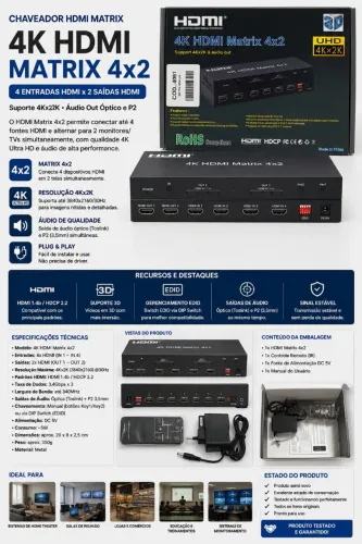 Chaveador HDMI Matrix 4x2 4K UHD | 4 Entradas x 2 Saídas | Controle Remoto | Áudio Óptico