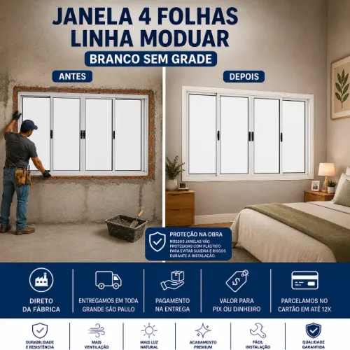 Janela Modular 100x100 Branca Sem Grade - Deslizante com Abertura Central