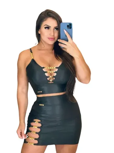 Conjunto Cropped Bojo e Saia Sereia da Terra Correntes Douradas Vermelho