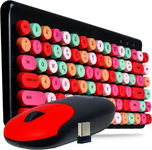 Teclado E Mouse Bluetooth Wireless Estilo Retrô Colorido Portátil USB ABNT2 (Preto)