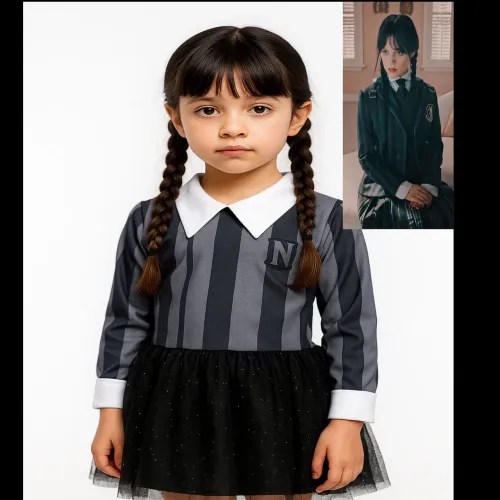 Fantasia infantil wandinha Adams uniforme escola tm 8