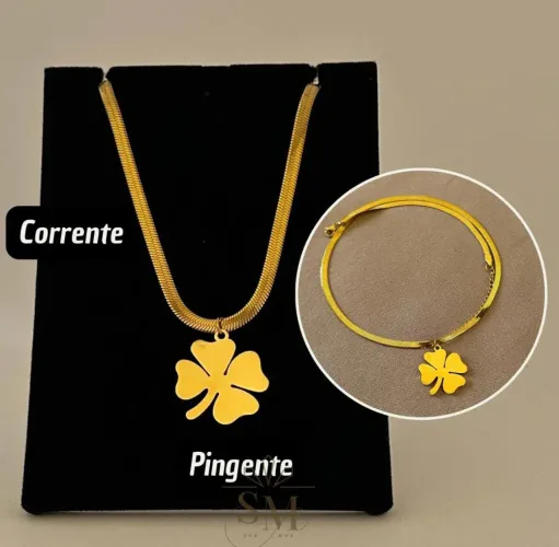 Cordao colár feminino 100% moeda antiga pingente trevo cor ouro