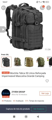 Mochila Tática 50 litros Preta