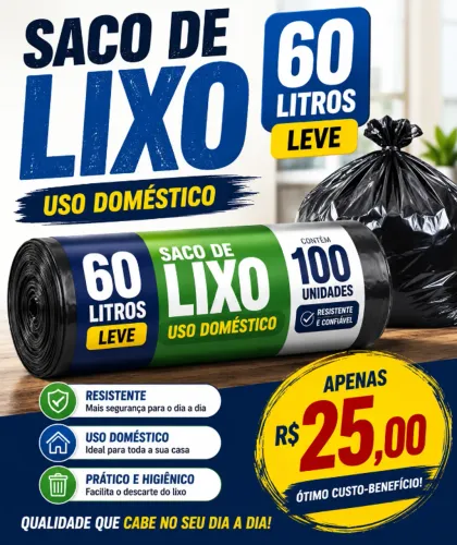 Sacos de lixo uso doméstico 60 litros 100 unidades
