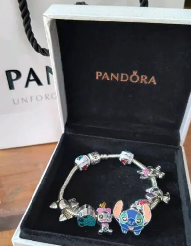 pulseira inspiração pandora lilo stich 9 berloques - vem a caixa + o saquinho.