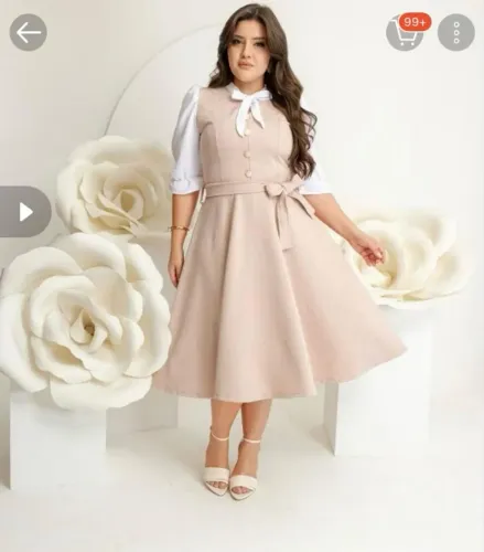 Vestido Midi Feminino Malha Jacquard 3D Bege e Branco