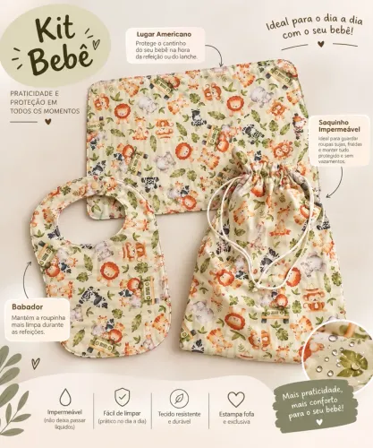 Kit babador lugar americano e saquinho impermeável para roupas de bebê