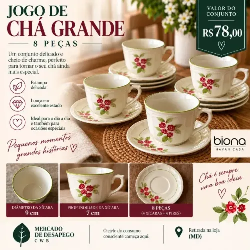 JOGO DE CHÁ GRANDE - 8 PEÇAS