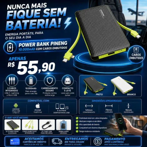 POWER BANK PINENG 10000mAh COM CABOS EMBUTIDOS