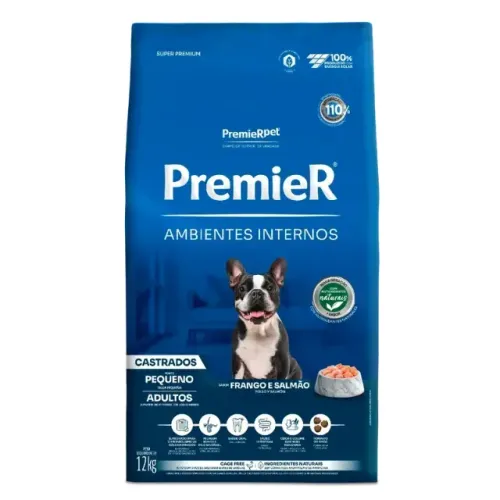 Ração Premier Ambientes Internos Cães Castrados Adultos Frango e Salmão 12 kilos