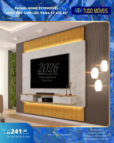 Painel grande com detalhes no ripado e LED 