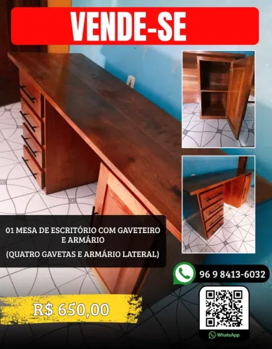 Mesa de escritório com gaveta e armário