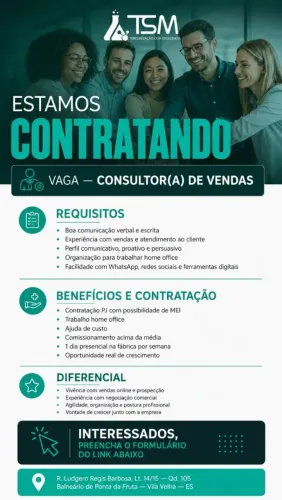 VAGA PARA CONSULTOR DE VENDAS, SALÁRIO A CIMA DA MEDIA