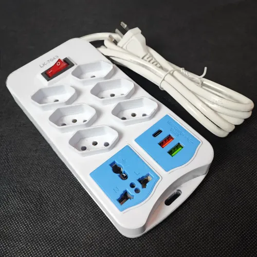 EXTENSÃO 2 METROS RÉGUA ELÉTRICA COM 7 TOMADAS BIVOLT 10A 2 USBs e 1 USB-c