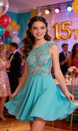 Vestido curto verde Tiffany bordado - perfeito para 15 anos e festas