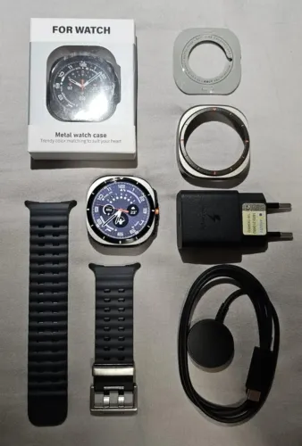 Galaxy Watch Ultra Titânio Prata Pulseira Preta Acessórios Orginais+Case Metal+Película