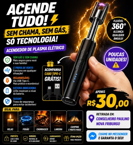 Acendedor Elétrico Plasma USB-C Recarregável 360 Sem Gás