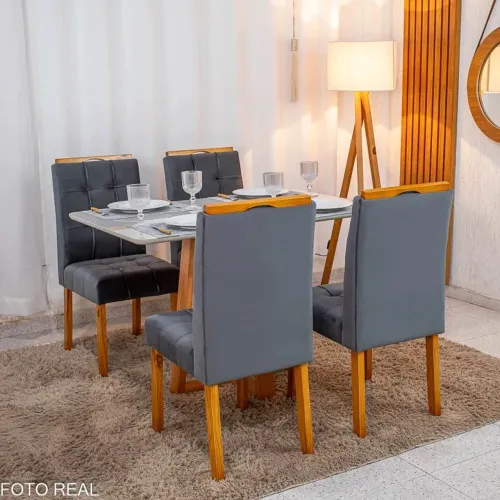 Mesa de Jantar Bali 120×80 Vidro Off/Base Madeira + 4 Cad. Londres Veludo
