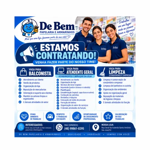 Vagas de Emprego - Balconista, Atendente Geral e Limpeza | São José/SC