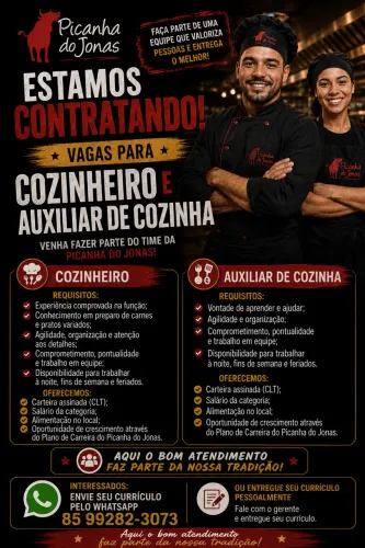 VAGAS PARA COZINHEIRO E AUXILIAR DE COZINHA