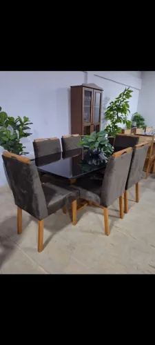 Mesa de jantar 6 cadeiras com tampo de vidro moderna e elegante