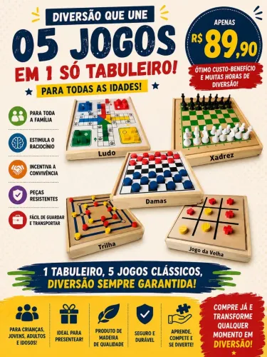 Jogo 5 em 1 Xadrez, Velha, Dama, Ludo e Trilha Brinquedo