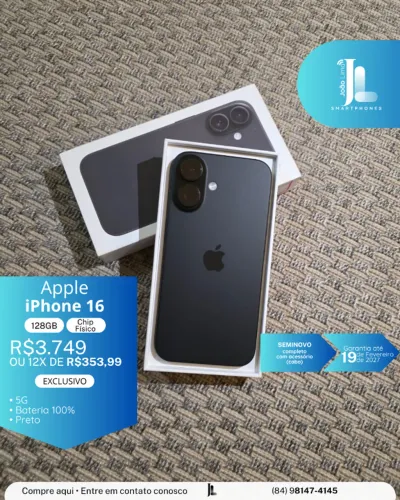 IPHONE 16, 5G, 128GB, CHIP FÍSICO, PRETO, SEMINOVO NA GARANTIA, EXCLUSIVO!