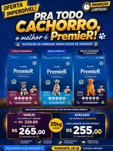 Ração Super Premium premier 20kg, fazemos entregas em todo DF