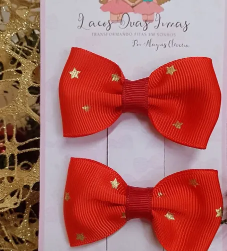 Par de Laços de Fita com Estrela Dourada - Vermelho