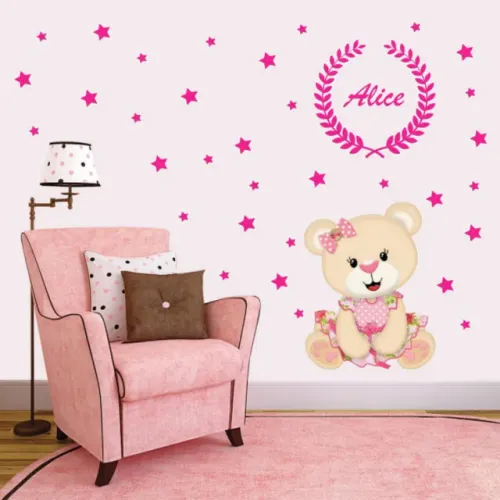 Adesivo de Parede Decorativo Ursinha com nome e estrelas Quarto Infantil Bebê