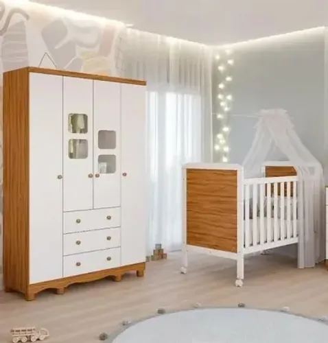 Roupeiro Lumi 4 Portas + Berço Cama Americano Cloe, 100% MDF